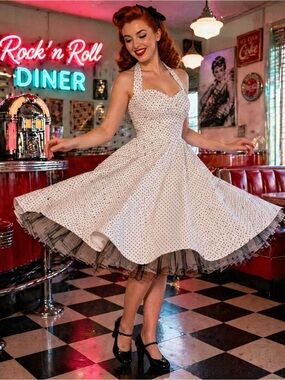 Mariposa Polka Dot Halter Swing Dress Rockabilly Pin Up 50s Style Full Skirt XS